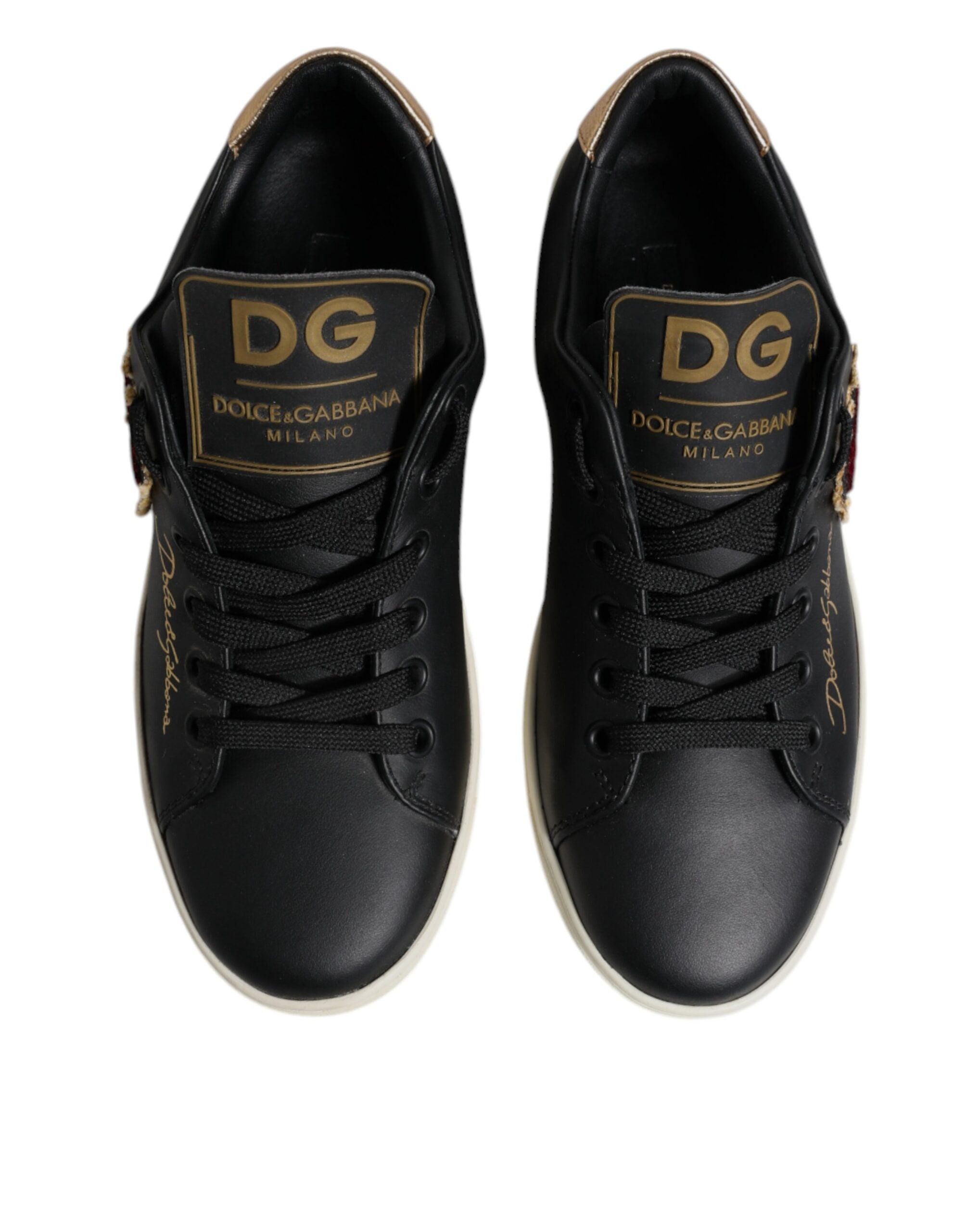 Dolce & Gabbana Black Leather Gold Red Heart Sneakers Shoes